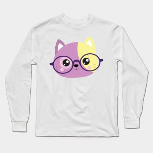 Purple and Yellow Hipster Cat Long Sleeve T-Shirt